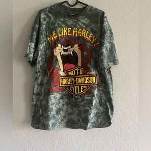Vintage VTG 1992 Harley Davidson Looney Tunes Taz Gray Tie Dye Tee Shirt Size L